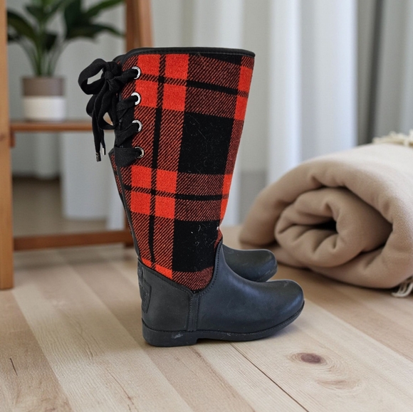 COACH Tristee Red Black Buffalo Plaid Fleece Lined Lace Up Rubber Rain Boots 9B - Picture 1 of 11